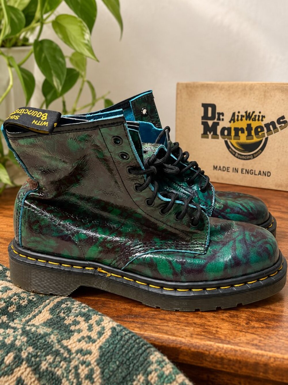 Vintage Dr Martens Made in England Green Floral 1460 Boots 5.5 Rare 90s